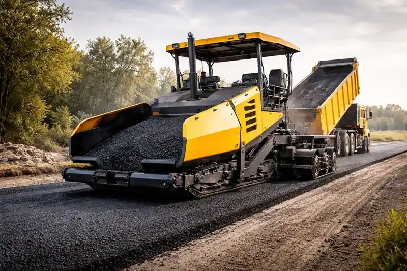 Modern asphalt paver working on a road construction project for intelligent construction equipment control applications