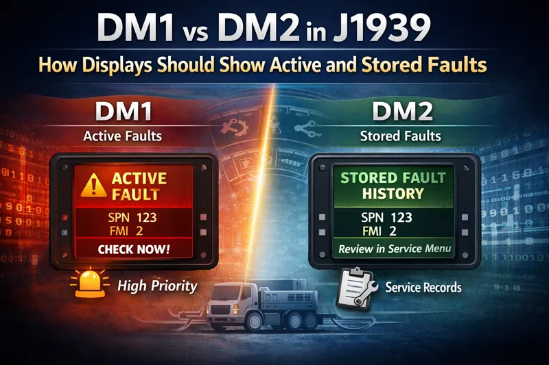 Infographic comparing DM1 active faults and DM2 stored faults in J1939, showing how a display should present high-priority live alarms versus service history fault records.