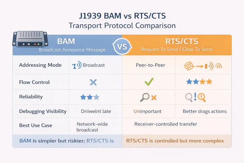 Infographic comparing J1939 BAM and RTS/CTS by addressing mode, flow control, reliability, debugging visibility, and best use case