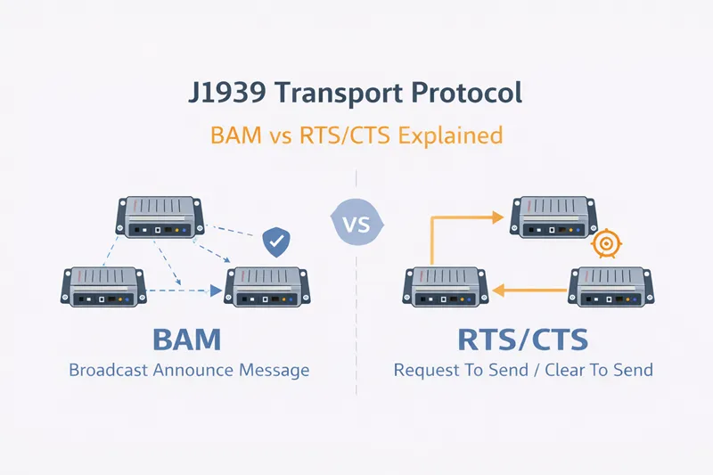 Feature infographic comparing J1939 BAM and RTS/CTS transport protocol modes for multi-packet ECU communication