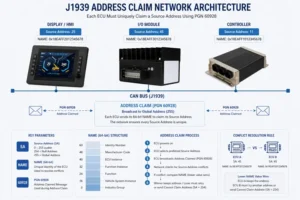J1939 Address Claim network showing controllers, display, I/O module and engine ECU connected by CAN bus