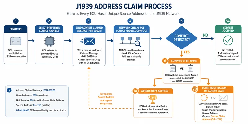 J1939 Address Claim process flow showing PGN 60928, NAME comparison and Cannot Claim Address