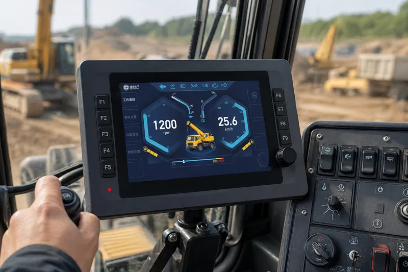 SAE J1939 display showing engine data in off-highway machinery cabin