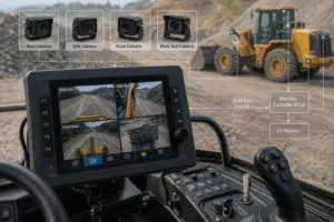 Off-highway display showing multiple camera views for mobile machinery camera integration