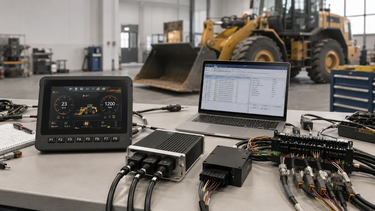 Sample development for mobile machinery control systems with CAN bus display controller and I/O module