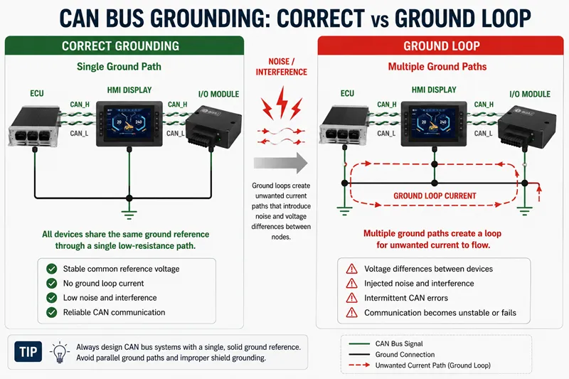 CAN bus grounding comparison diagram showing correct single-point grounding versus ground loop problems causing interference, voltage offset, intermittent communication, and CAN errors between ECU, HMI display, and I/O module