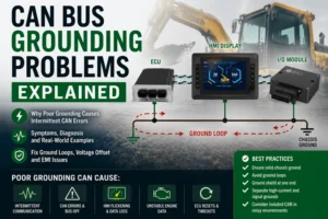CAN bus grounding problems diagram showing ECU, HMI display, and I/O module connected on a vehicle CAN network with ground loop and chassis grounding issues causing intermittent communication and CAN errors