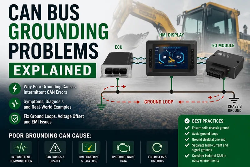 CAN bus grounding problems diagram showing ECU, HMI display, and I/O module connected on a vehicle CAN network with ground loop and chassis grounding issues causing intermittent communication and CAN errors