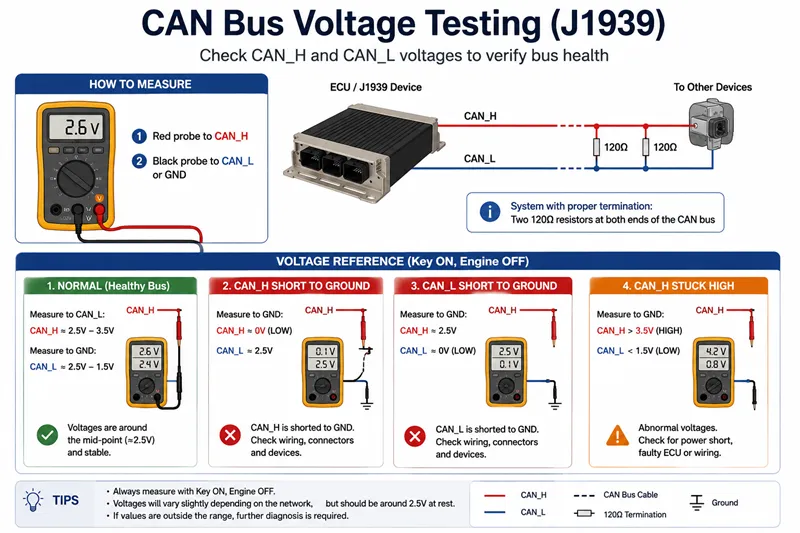 CAN bus voltage testing diagram for J1939 networks showing CAN_H and CAN_L measurements, normal voltage ranges, and common wiring faults