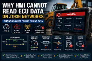 HMI display showing no ECU data on a J1939 network with common causes including baud rate mismatch, termination resistor issues, wiring faults, PGN mapping errors, and source address problems