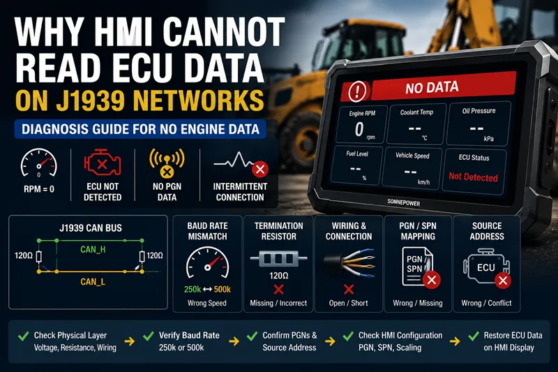 HMI display showing no ECU data on a J1939 network with common causes including baud rate mismatch, termination resistor issues, wiring faults, PGN mapping errors, and source address problems