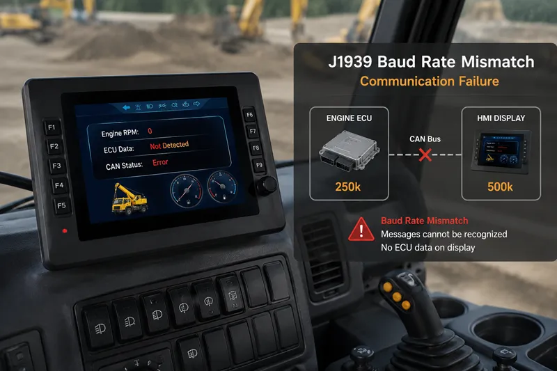 J1939 baud rate mismatch between 250k engine ECU and 500k HMI display causing no engine data