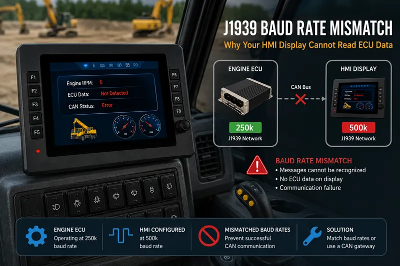 J1939 baud rate mismatch between 250k engine ECU and 500k HMI display causing no ECU data in mobile machinery