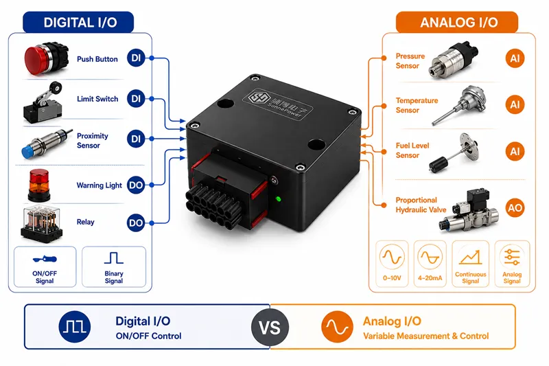 Digital vs analog I/O modules comparison showing switches, sensors, controller, relay, warning light and proportional hydraulic valve